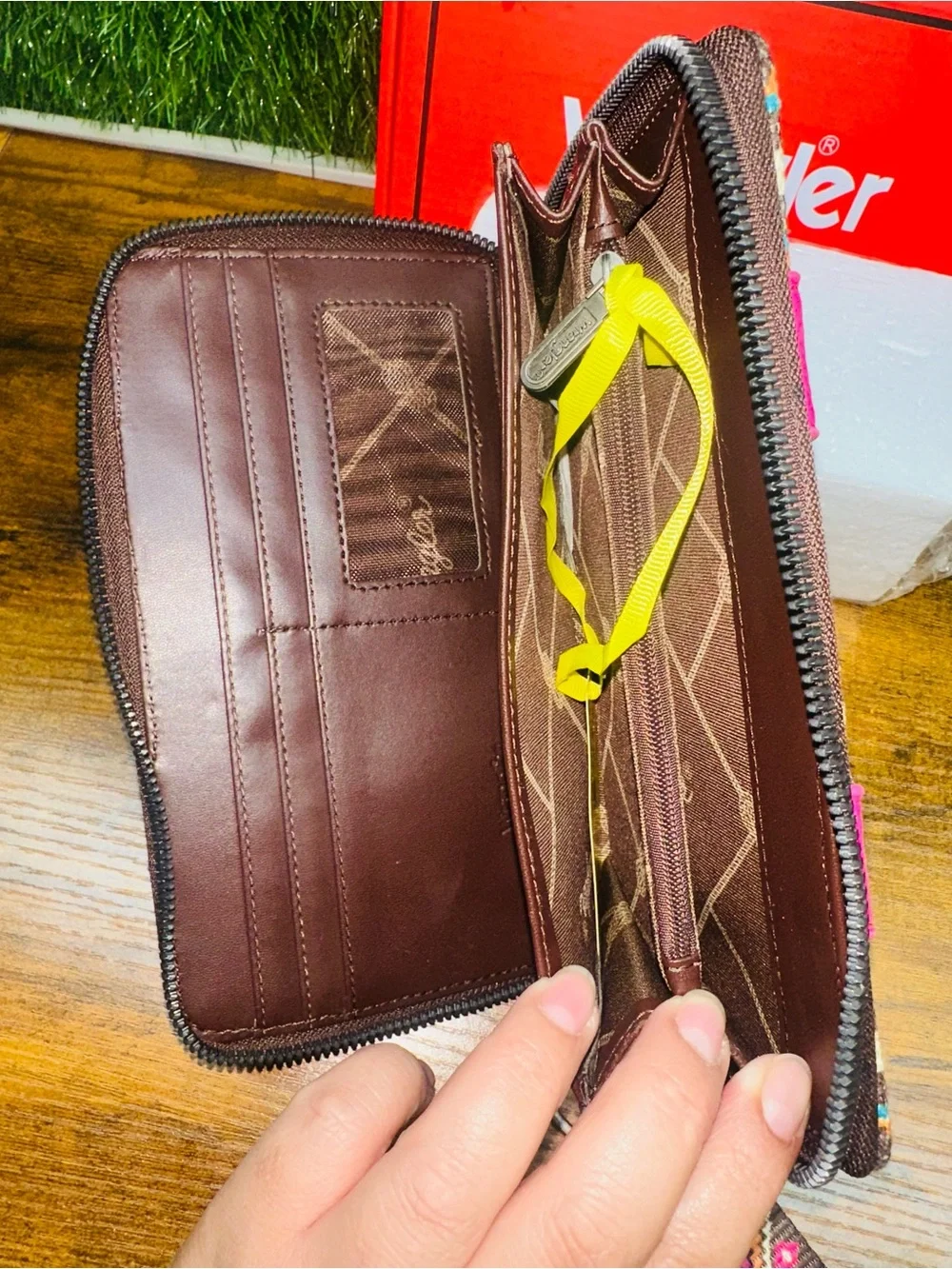 Wrangler Pink and Brown Embroidered Wristlet Wallet with Strap